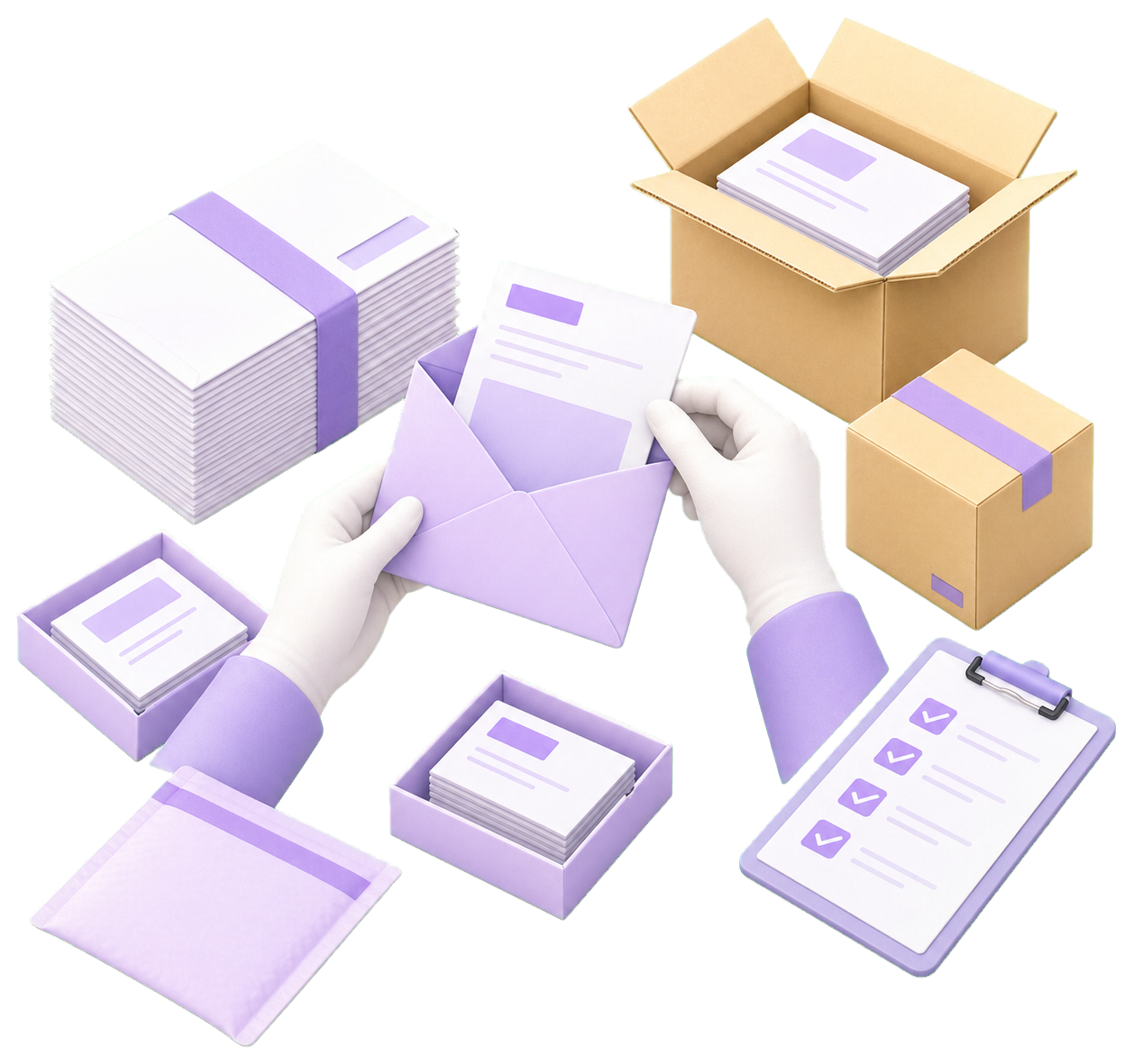 DM封入作業と梱包を丁寧に行うイラスト