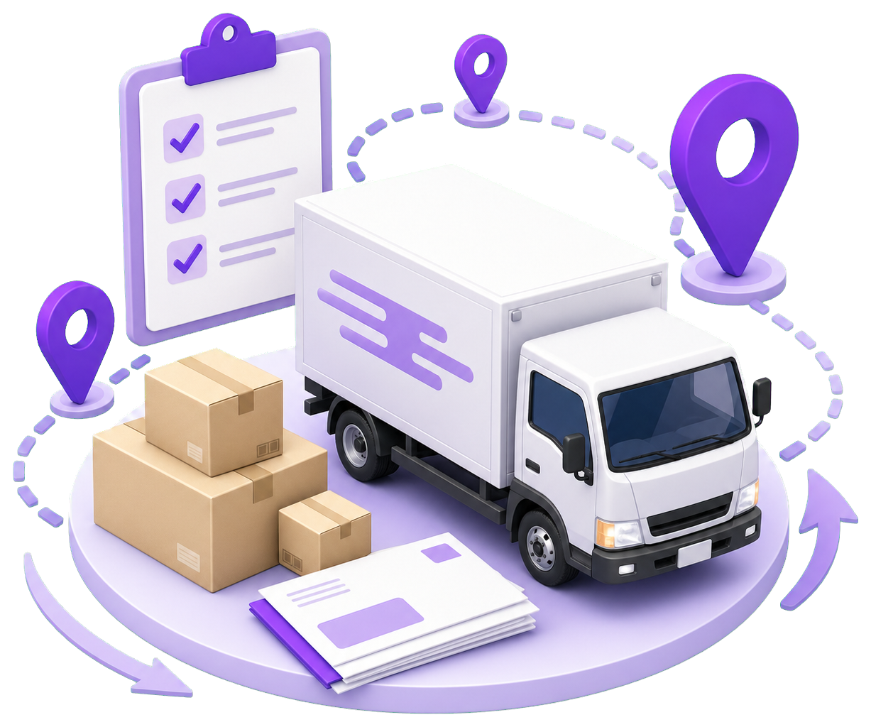 発送手配と配送トラックのイラスト